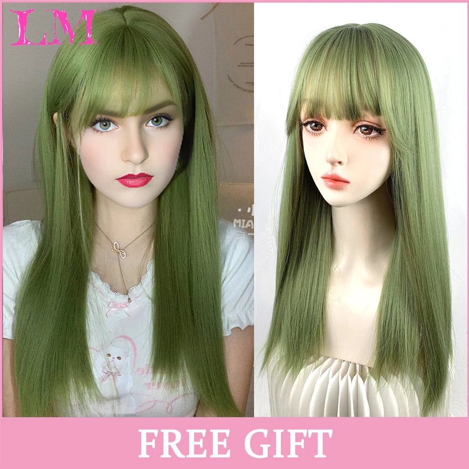 LM Cosplay Wig With Bangs Synthetic Straight Hair Wigs 24 Inch Long Heat-Resistant Pink Hair Style For Women