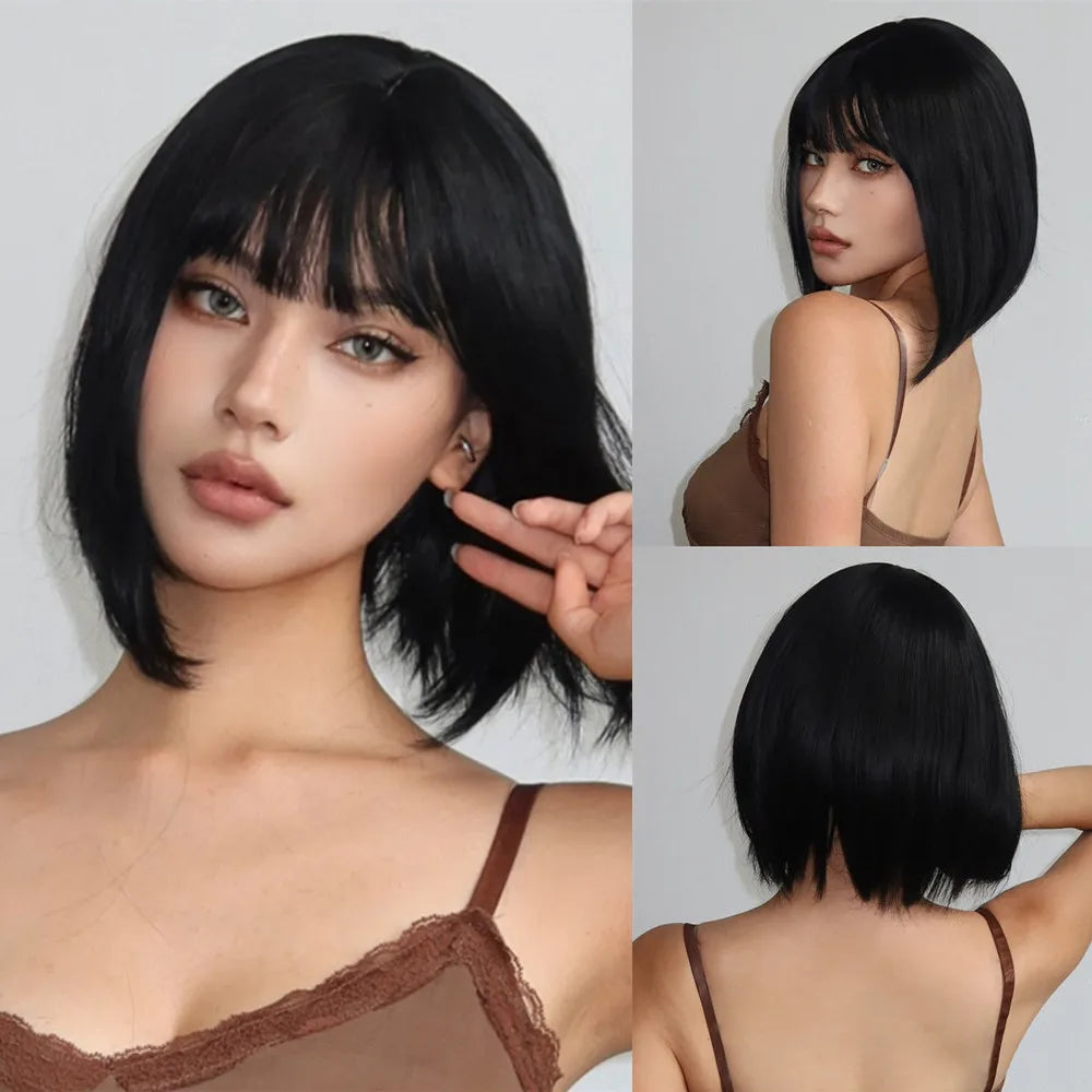 ALAN EATON Layered Synthetic Wig with Bangs Straight Short Highlights Blonde Hair Wigs with for Women Daily Use