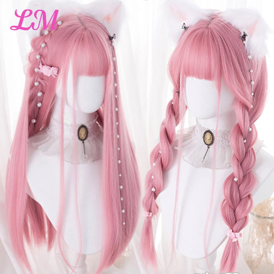 LM Cosplay Wig With Bangs Synthetic Straight Hair Wigs 24 Inch Long Heat-Resistant Pink Hair Style For Women