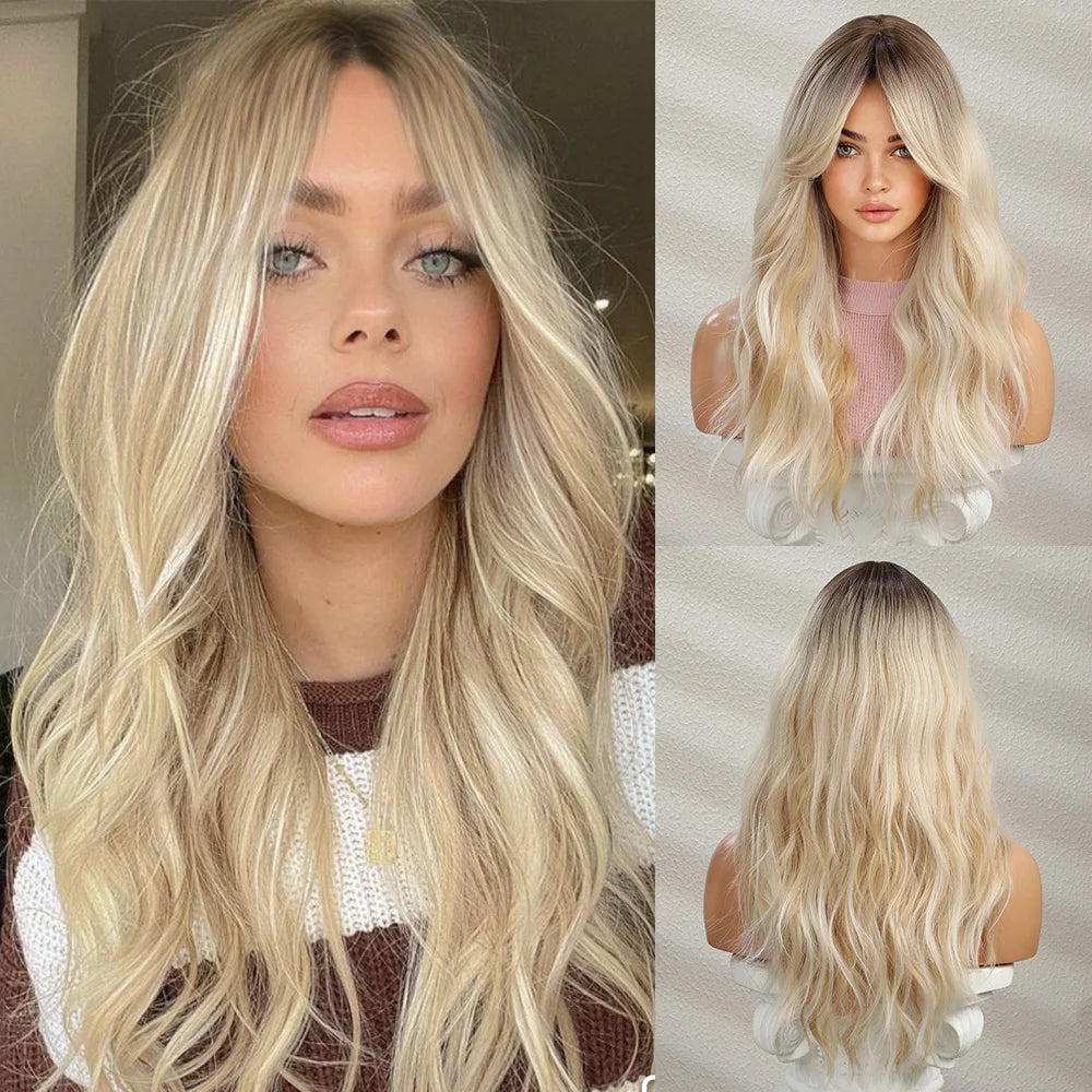 Golden Blonde Mixed Synthetic Wig Dark Root Wavy Hair With Side Bangs for Women Daily Party Cosplay wig Heat Resistant Fiber