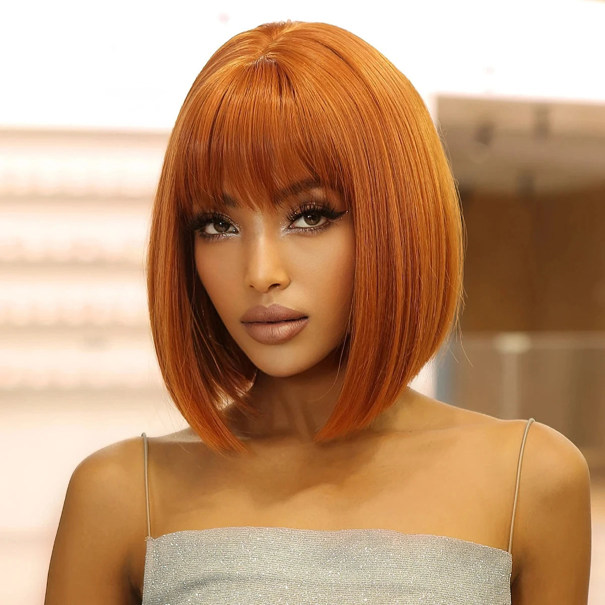 Short straight synthetic wig Ginger Brown Bob wigs with straight bangs Ladies Cosplay daily natural high temperature silk wigs