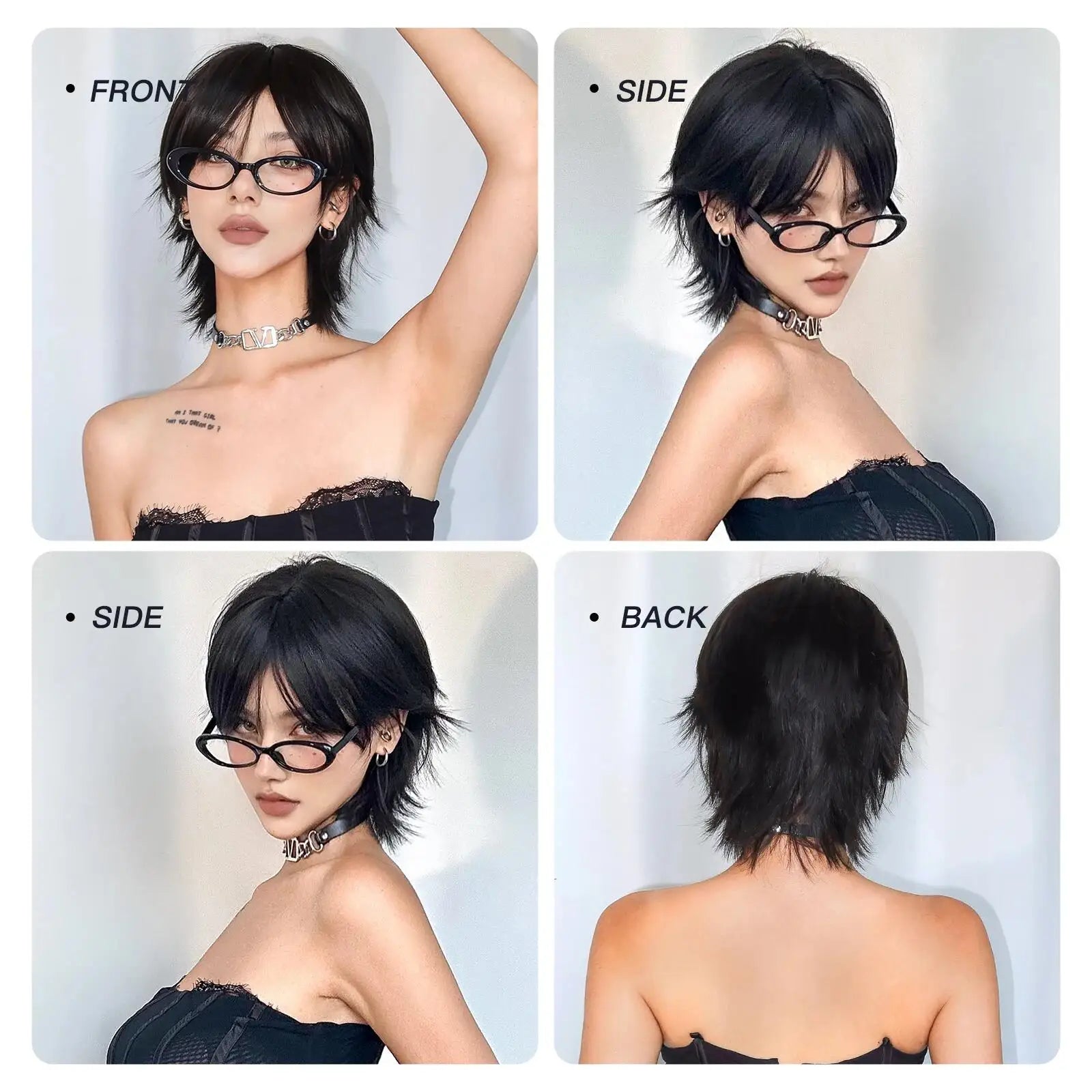 12 inch short salmon head wig with bangs, women's short straight black synthetic wigs, party daily use elf cut short wigs for Women of Wigs Extension and Accessories