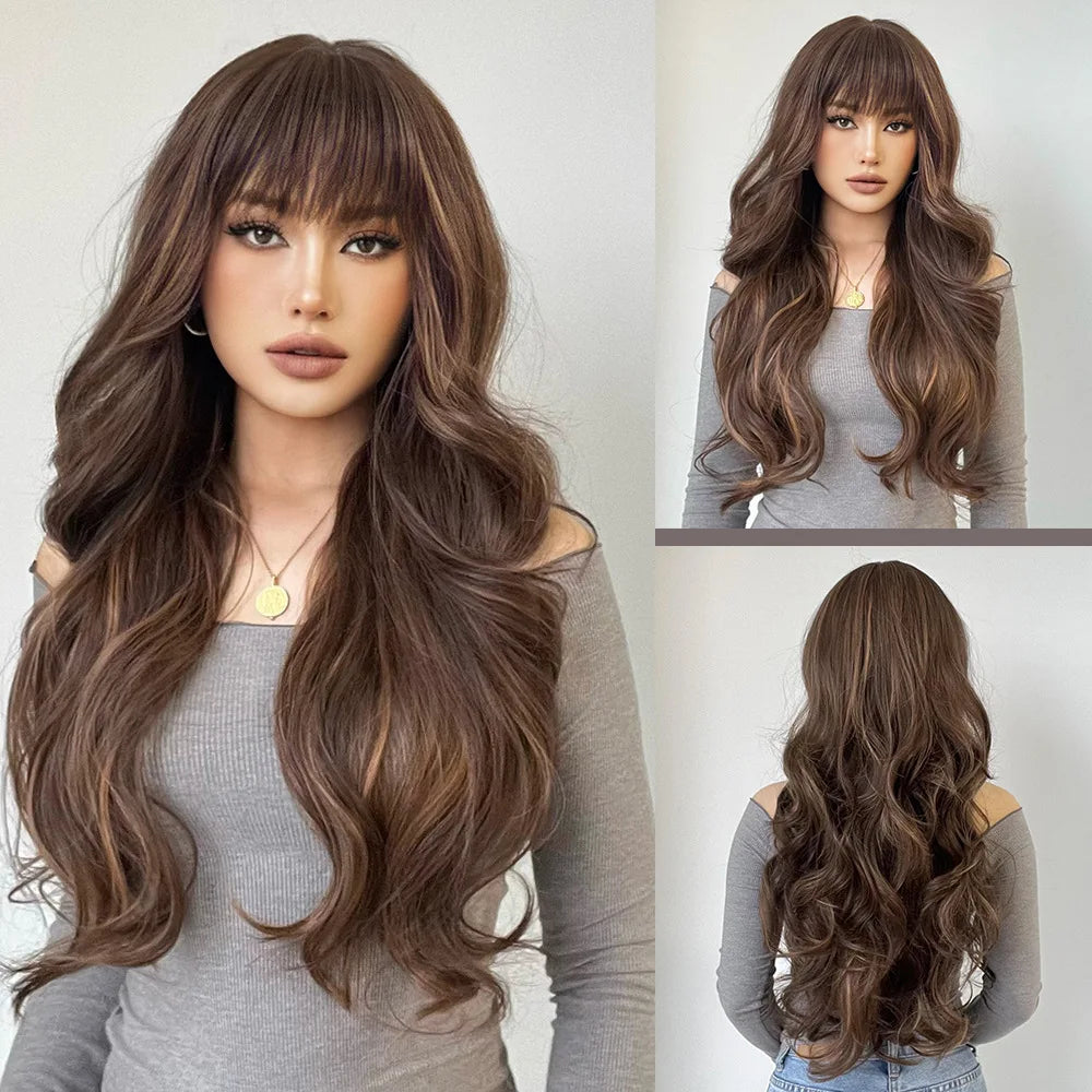 28 Inch Long Curly Wig With Bangs Ombre Brown Hair Style Wigs For Women Highlight Blonde Synthetic Wig For Daily Party Heat Resistant