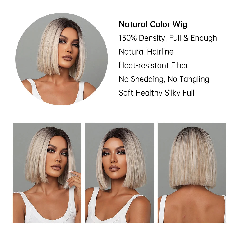 Brown Blonde Ombre Synthetic Hair Wigs Short Straight Bob Wig for Women Middle Part Lolita Cosplay Natural Hair Heat Resistant Fiber