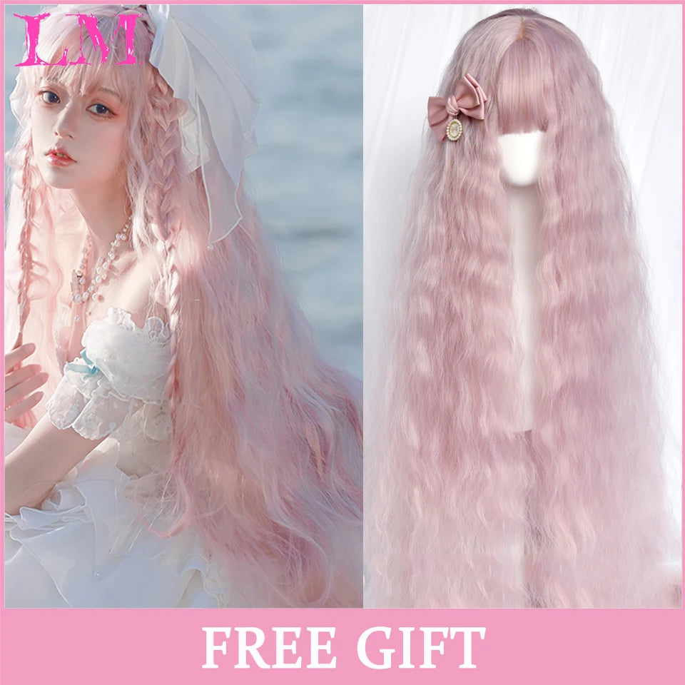 LM Cosplay Wig With Bangs Synthetic Straight Hair Wigs 24 Inch Long Heat-Resistant Pink Hair Style For Women
