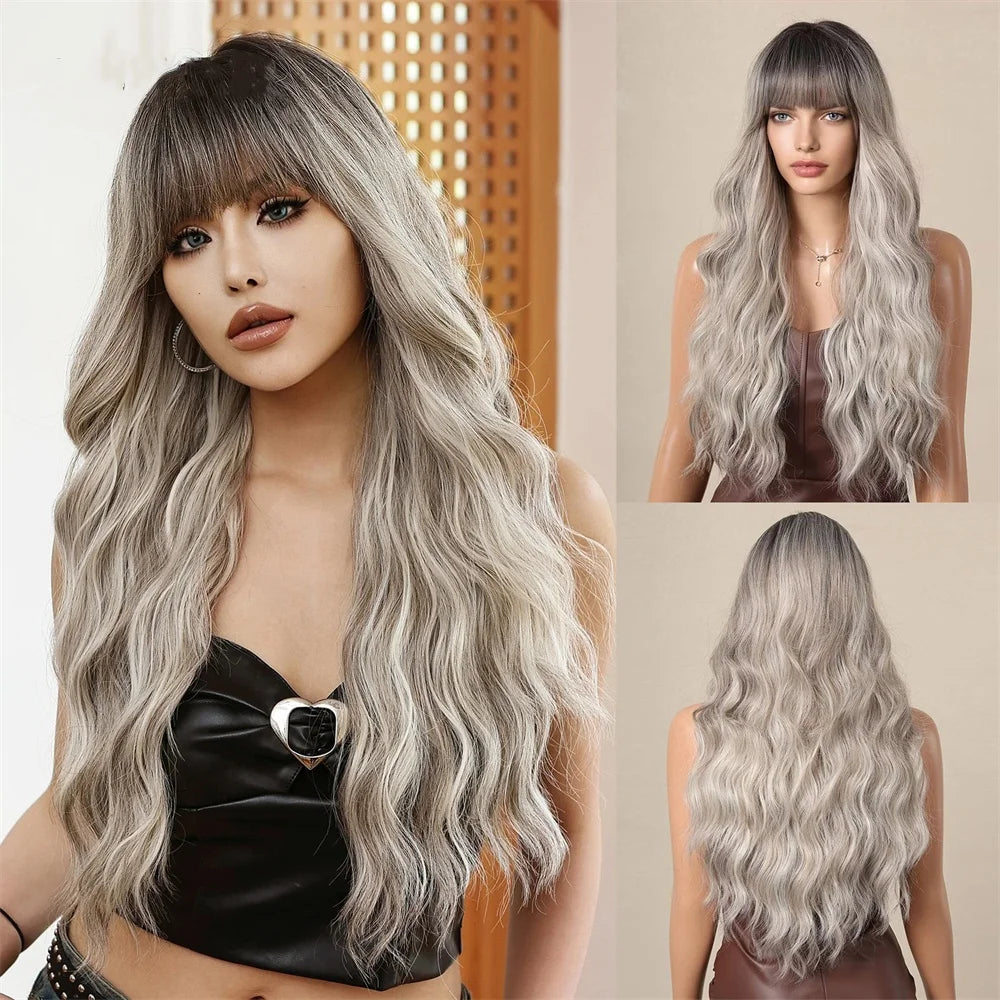 28 Inch Long Curly Wig With Bangs Ombre Brown Hair Style Wigs For Women Highlight Blonde Synthetic Wig For Daily Party Heat Resistant