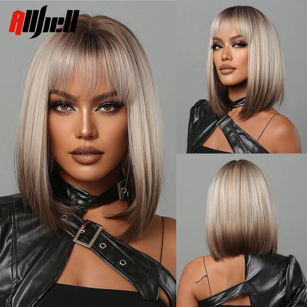 Medium Length Chestnut Brown Synthetic Wigs Hair Middle Part Wine Red Highlights Straight Wig Heat Resistant for Women Party Cosplay