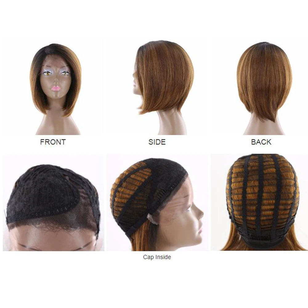 Ombre Bob Wig With Dark Roots Pre Plucked Straight Synthetic Hair Wigs Left Side Part Short Bob For Black Women