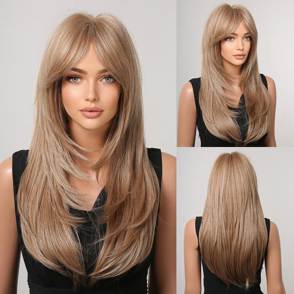 Blonde Unicorn Synthetic Medium Long Straight Brown Blonde Wig For Women Cosplay Daily Party Wigs Heat Resistant False Hair Style