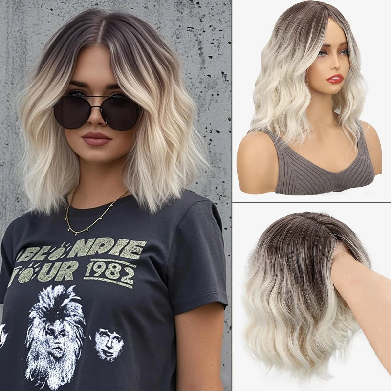 WIGSIN 12Inch Wig Synthetic Platinum Blonde Highlight Short Wace Curly Hair Wigs