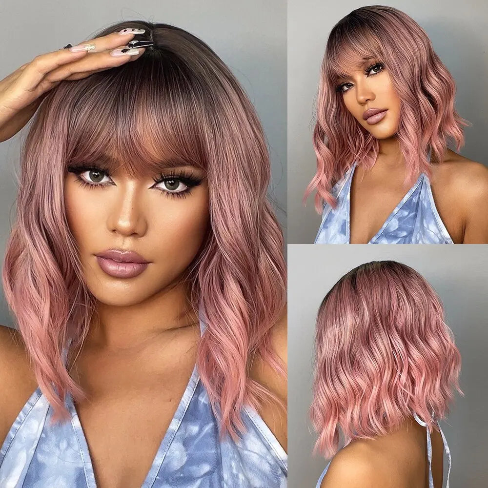 Women Grey Wavy Bob Wigs with Bangs Short Blonde Ombre Synthetic Hair Wigs With with Dark Roots Natural Hair Style for Women Daily Use