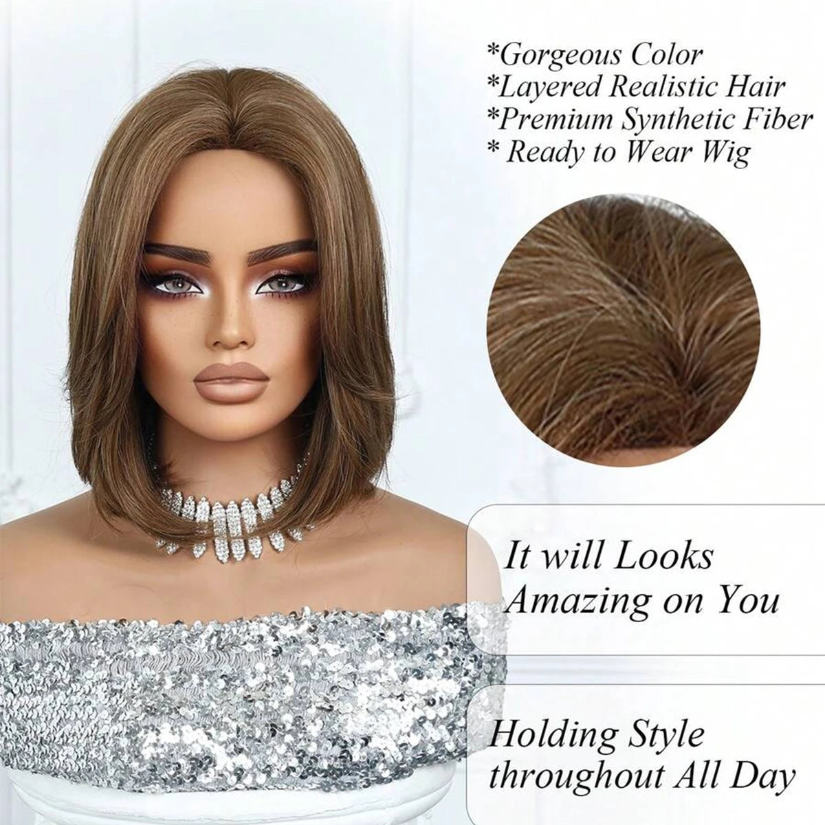 EASIHAIR Short Straight Bob Hair Wigs Synthetic Wig for Women Brown Straight Natural Wigs with Eight Character Daily Cosplay for Women Hair Style