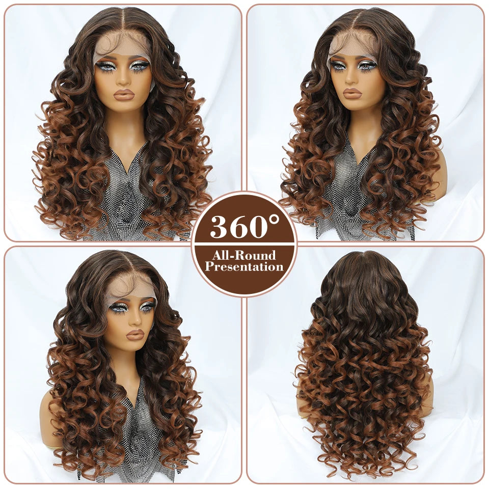 Latisha HD Synthetic Lace Front Wigs Curly Pre Plucked Lace Frontal Wig with Bangs for Women Highlight with Babyhair 24Inch Wigs