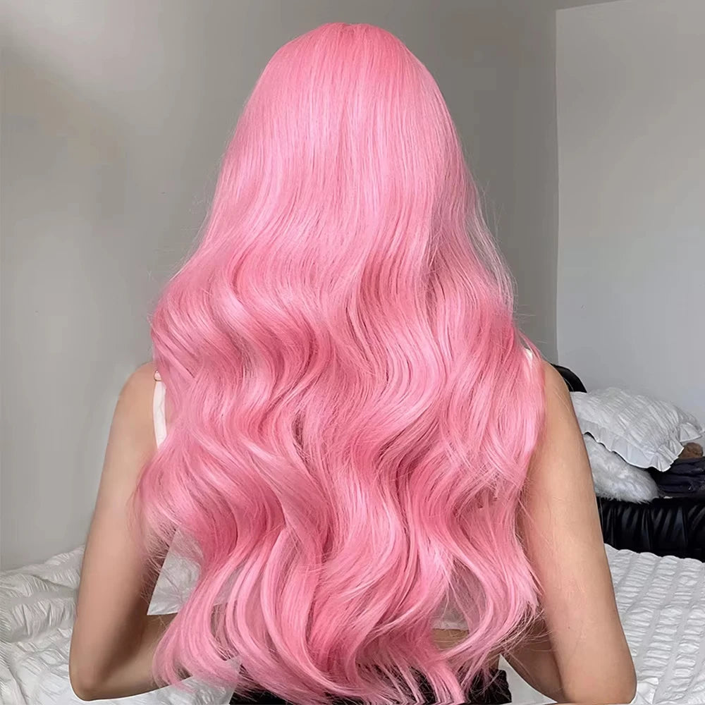 Pink synthetic wig with big waves for Halloween party, cosplay wigs, daily wig, high-temperature hair accessory wig set
