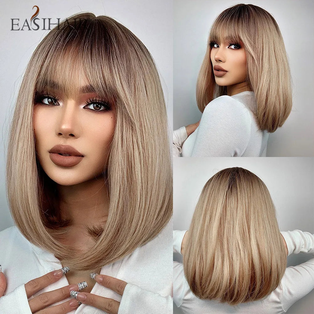 EASIHAIR Synthetic Bob Wig with Bang Short Straight Light Blonde Beige Natural Wigs Hair for Women Daily Cosplay Heat Resistant