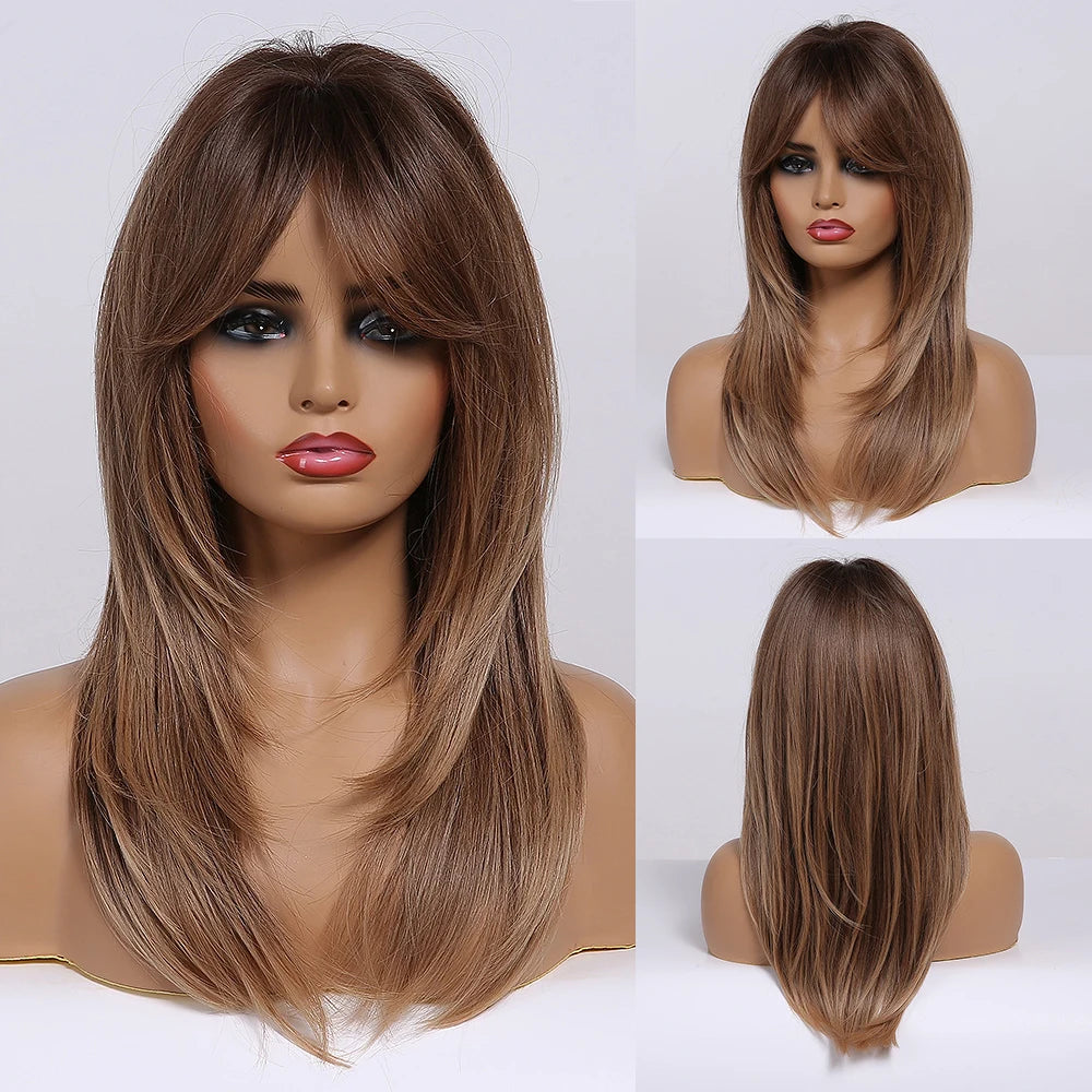ALAN EATON Long Blonde Wig for Women Synthetic Hair Wigs with Fringe Ombre Color with Dark Roots Layered We Heat Resistant Hair Style