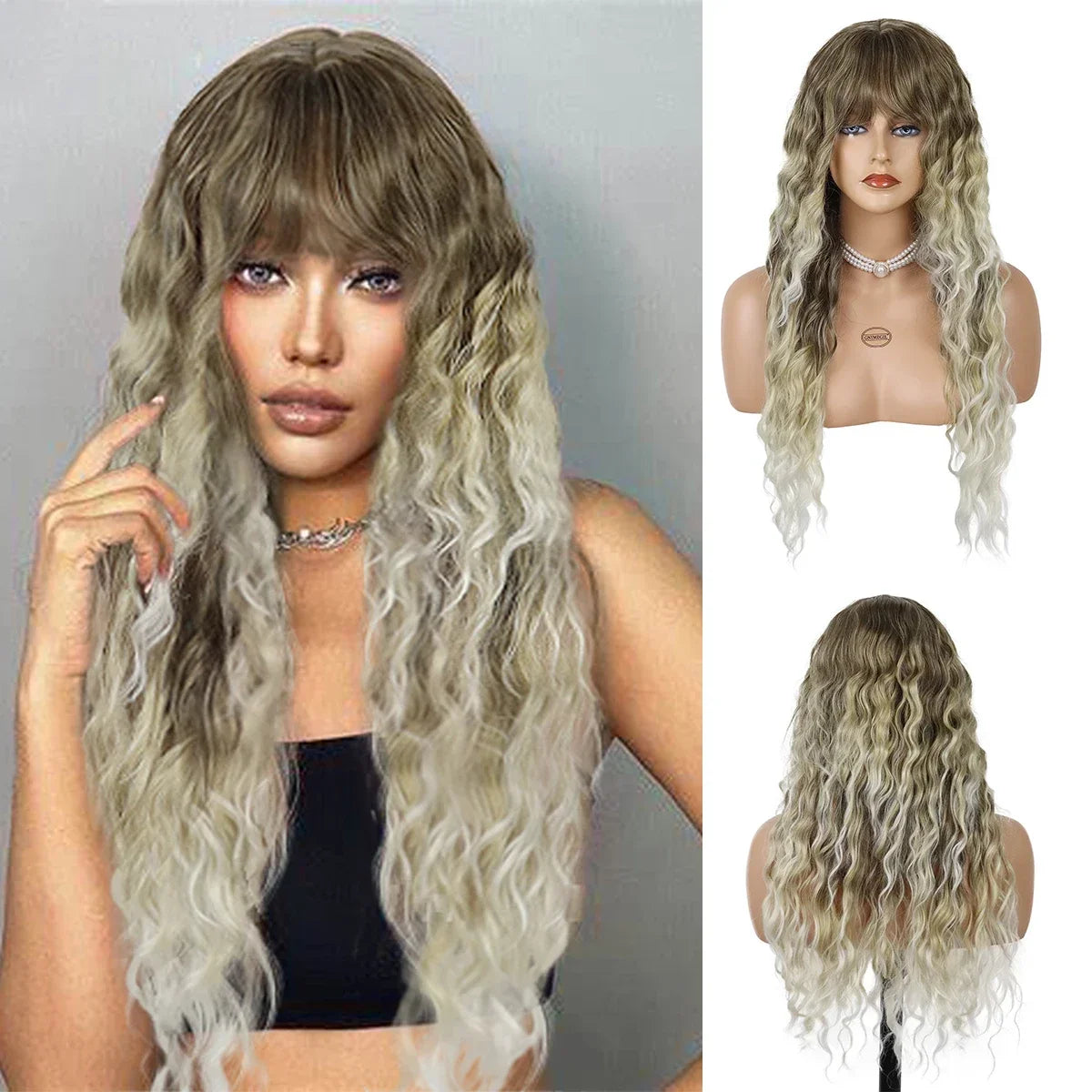 Womens Wig Long Synthetic Hair Ombre Blonde Curly Hair Wigs Female Natural Wavy Drag Queen Regular Wig 80s Gradient Hair Style Wigs for Student