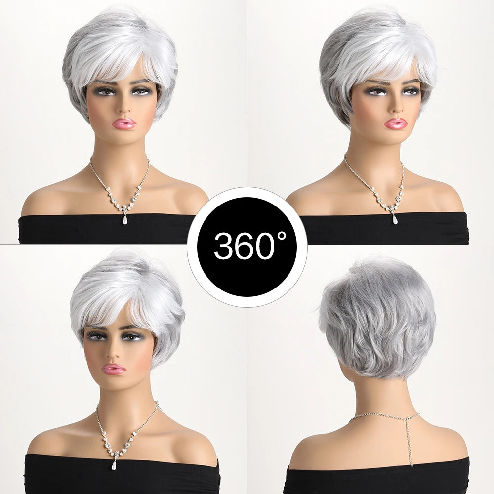 Short Natural Wigs with Bangs Soft Mommy Hair Daily Use Short  Grey Ombre Curly Synthetic Hair Costume Party Wig for Women
