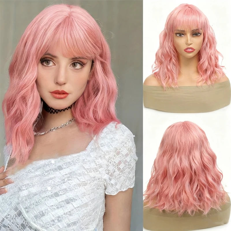 14Inch Pink Wig for Women Short Wavy Pastel Pink Hair Wigs with Lace Shoulder Length Middle Part Curly Wavy of Wigs