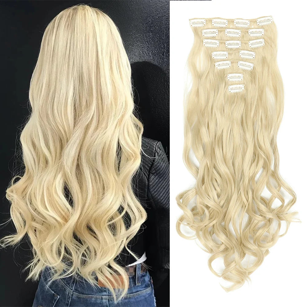 Clip In Wig Hair Extensions 7 PCS Full Head 22 Inch Long Curly Wavy Synthetic Hair Wigs Pieces Natural Wavy For Women Girls Hair Style