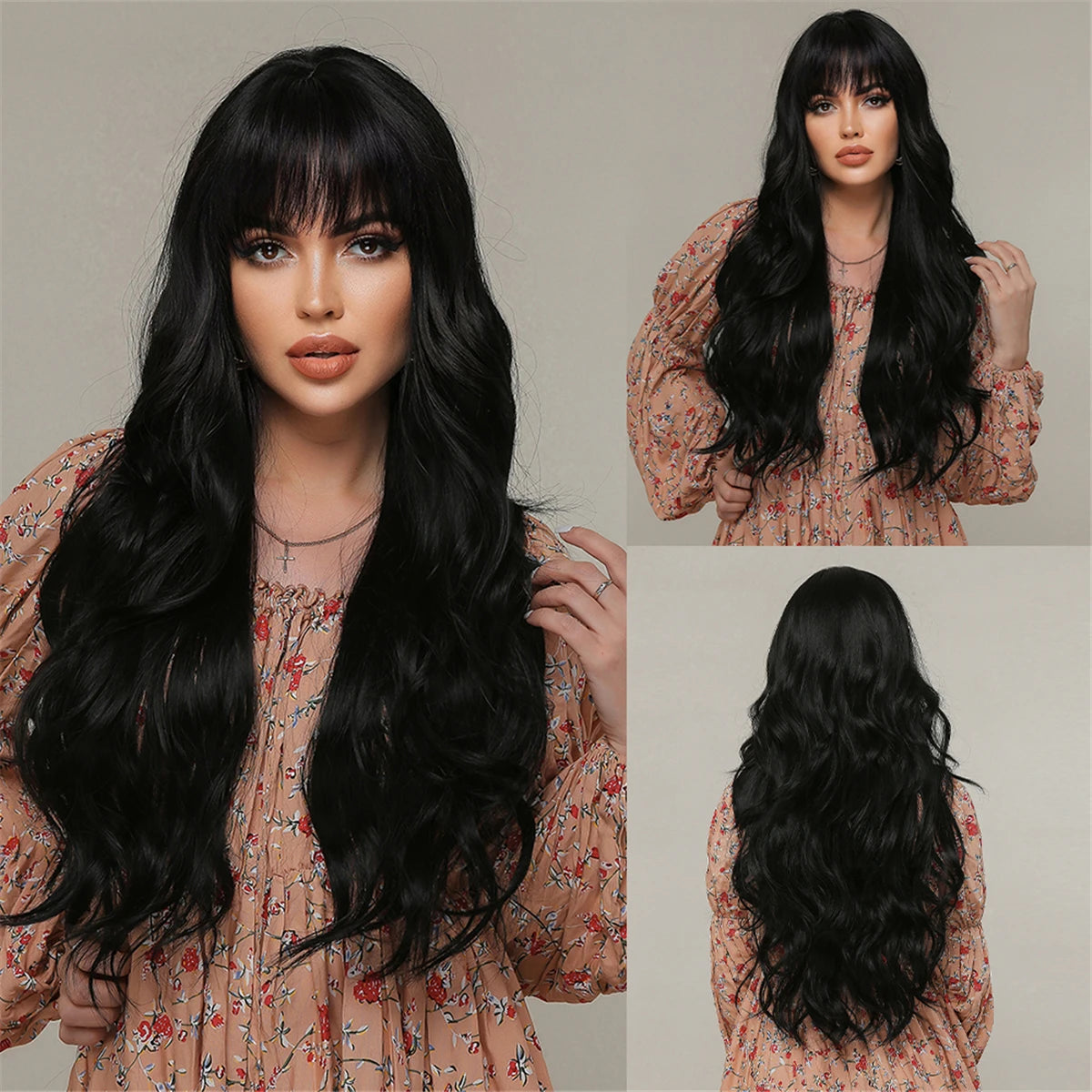 28 Inch Long Curly Wig With Bangs Ombre Brown Hair Style Wigs For Women Highlight Blonde Synthetic Wig For Daily Party Heat Resistant
