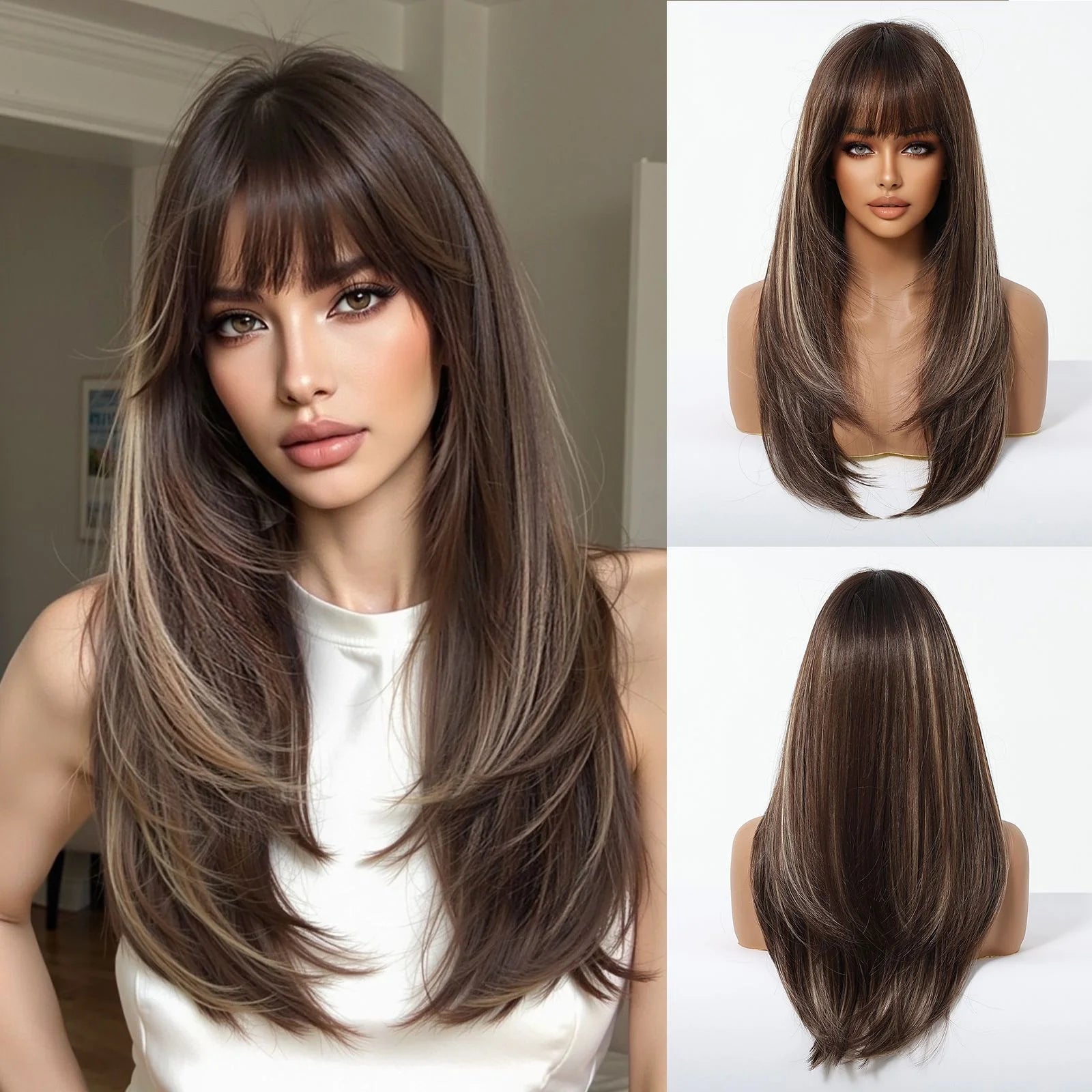 ALAN EATON Long Brown Highlight Synthetic Wig Layered Straight Hair Style Wigs Realistic Fake Hair for Daily Wear High Temperature Wigs