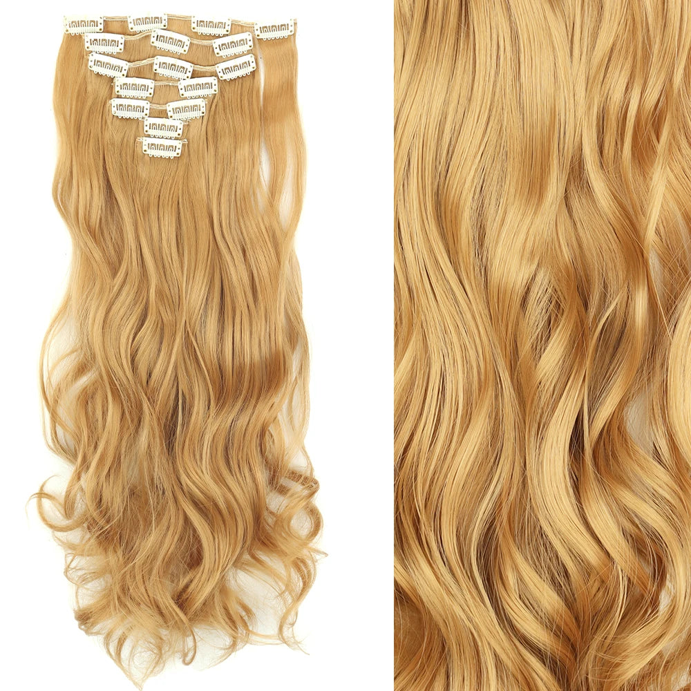 7Pcs/Set 16 Clips Wig Hair Accessories Extension Black Long Straight Natural Hair Wigs Ombre Hairpiece Heat Resistant Fiber For Women Hair Style