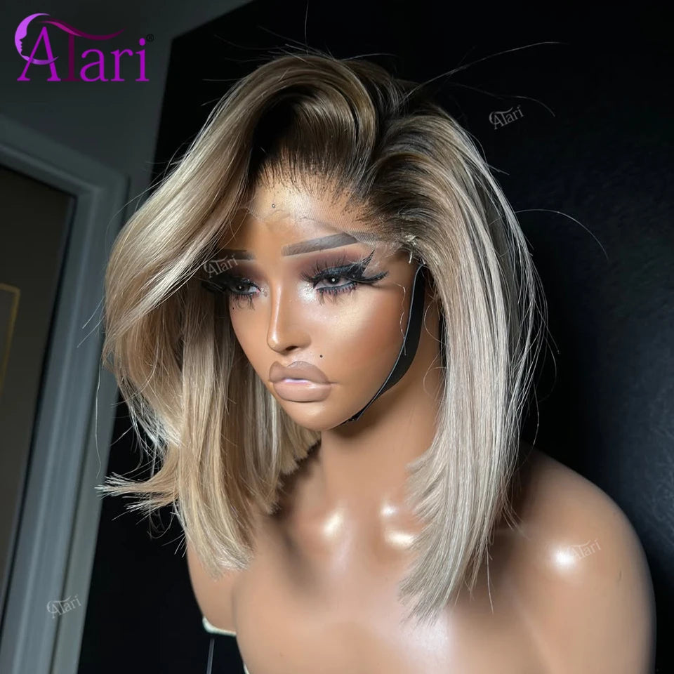 Ash Blonde with Brown Roots Short Bob Wig Transparent 13x4 Full Lace Frontal Human Hair Wigs Straight Bob Wig Pre Plucked for Women Hair Style