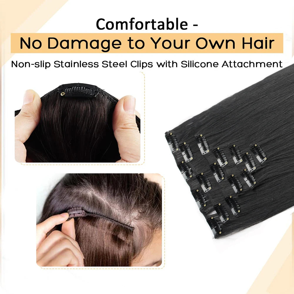 7Pcs/Set 16 Clips Wig Hair Accessories Extension Black Long Straight Natural Hair Wigs Ombre Hairpiece Heat Resistant Fiber For Women Hair Style