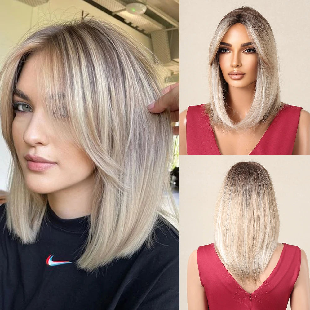 Short Layered Synthetic Wig Ombre Brown Medium Length Straight Natural Looking Hair Wigs with Bangs Heat Resistant Hair Style for Women Daily Use