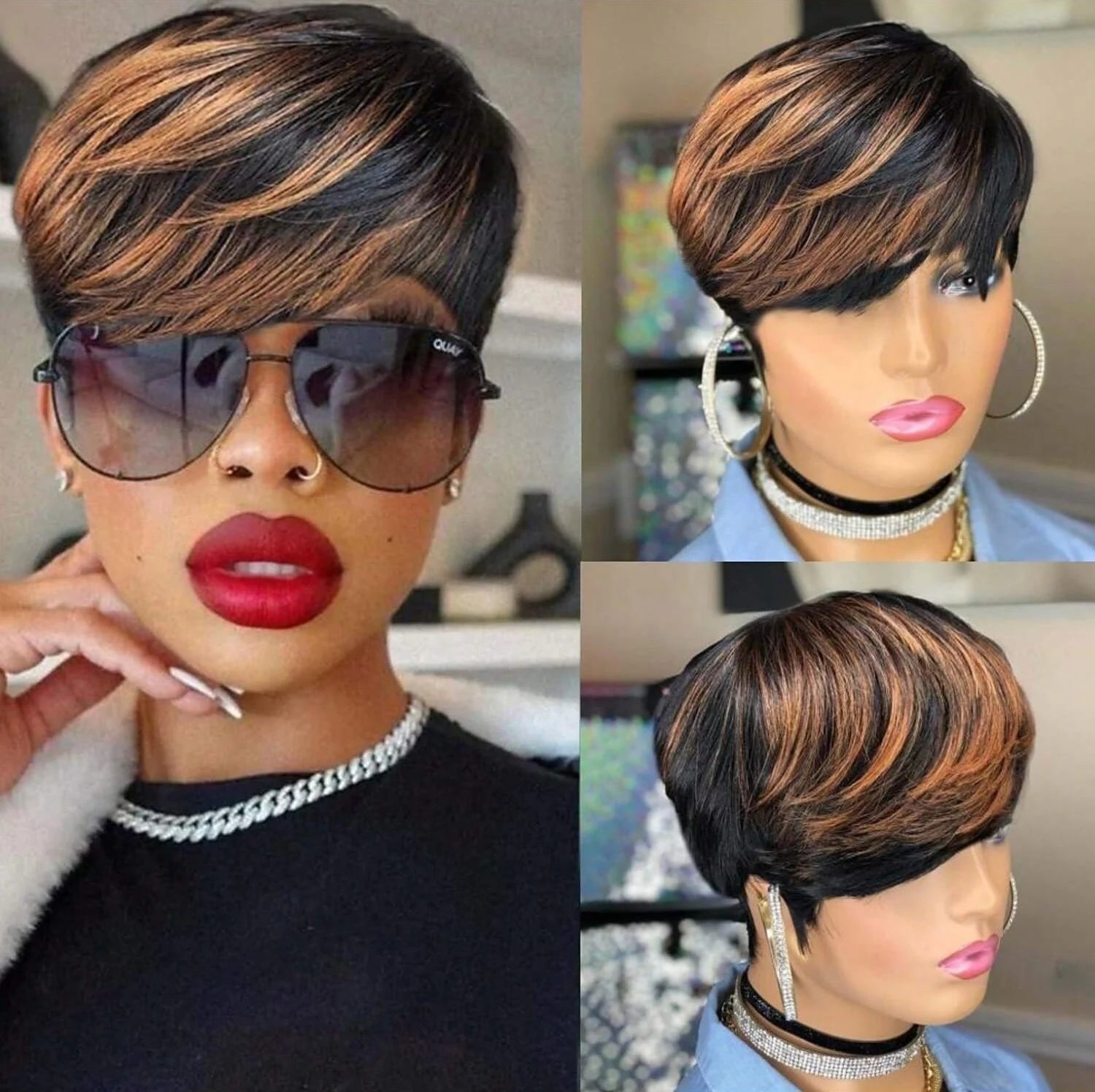 WIGERA Highlight Synthetic Hair Wigs Short Straight  Pixie Cut Hair Bob Wig Honey Gold Mix Black For Woman Daily Use