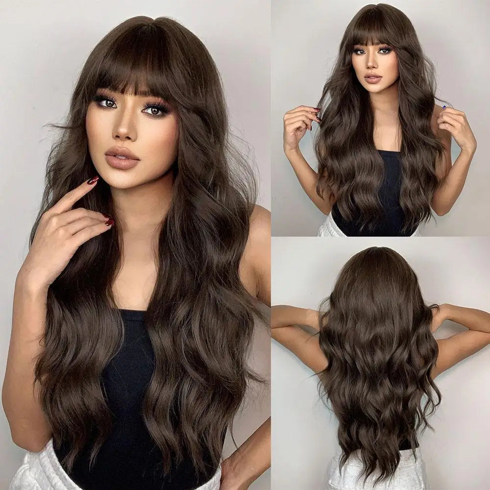 28 Inch Long Curly Wig With Bangs Ombre Brown Hair Style Wigs For Women Highlight Blonde Synthetic Wig For Daily Party Heat Resistant