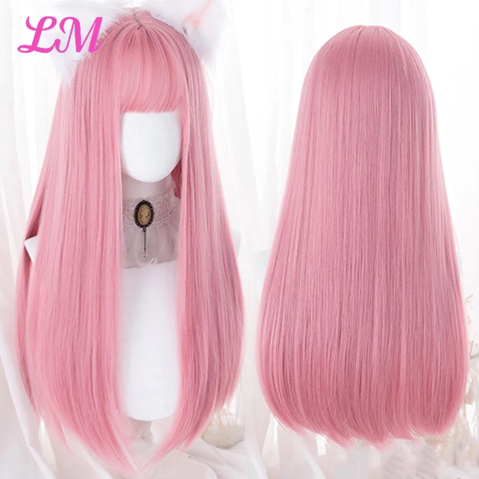 LM Cosplay Wig With Bangs Synthetic Straight Hair Wigs 24 Inch Long Heat-Resistant Pink Hair Style For Women