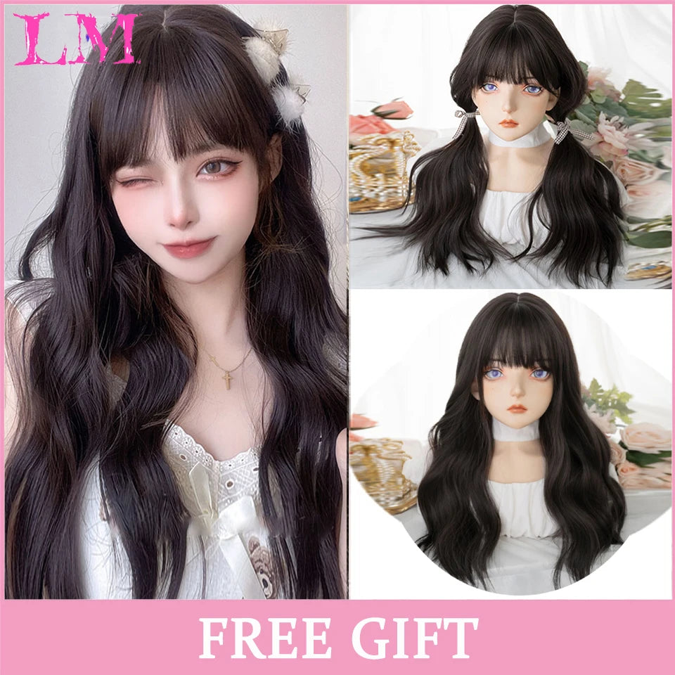 LM Cosplay Wig With Bangs Synthetic Straight Hair Wigs 24 Inch Long Heat-Resistant Pink Hair Style For Women