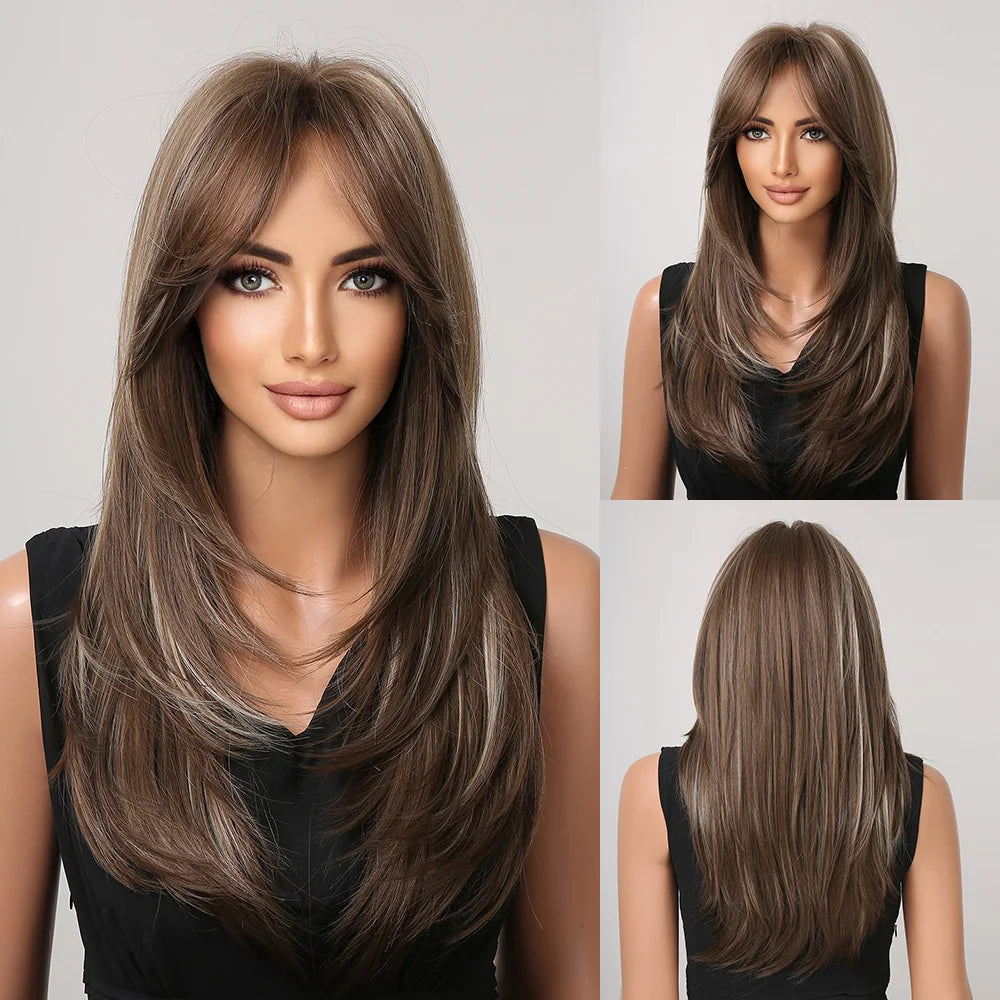 Blonde Unicorn Synthetic Medium Long Straight Brown Blonde Wig For Women Cosplay Daily Party Wigs Heat Resistant False Hair Style