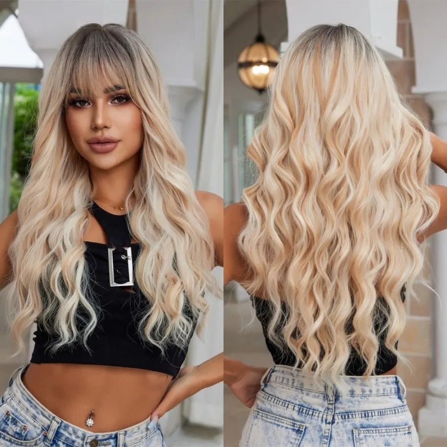 28 Inch Long Curly Wig With Bangs Ombre Brown Hair Style Wigs For Women Highlight Blonde Synthetic Wig For Daily Party Heat Resistant