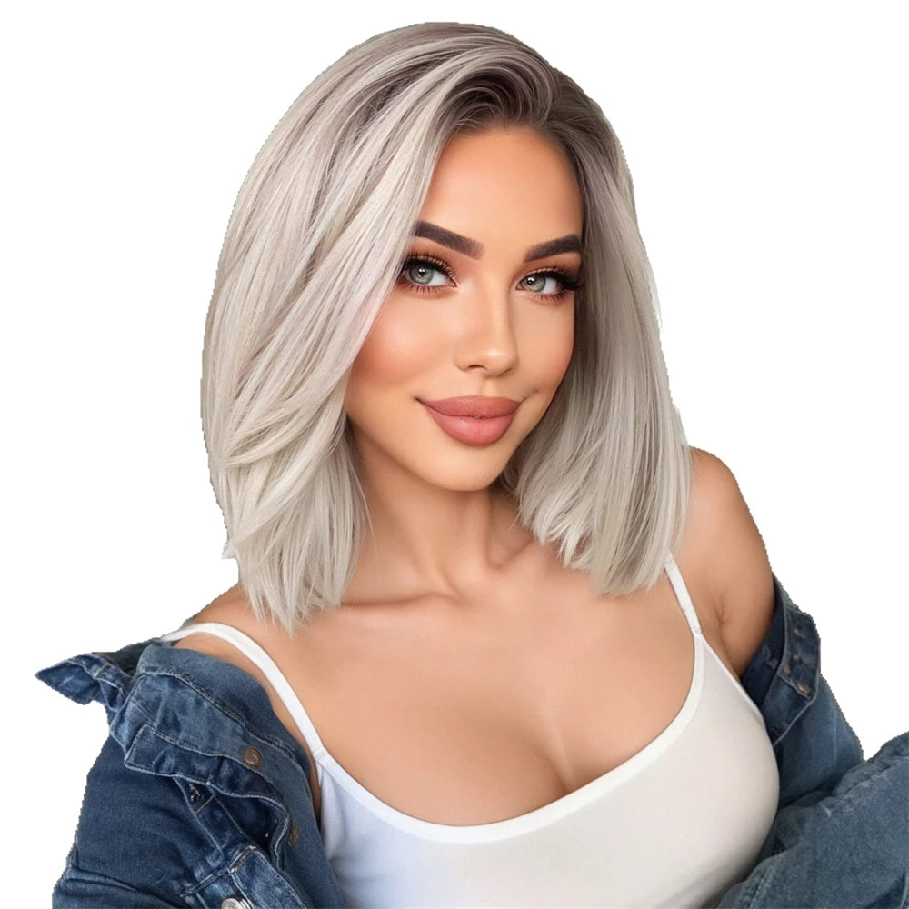 13 * 6 large lace wig, gradient white gold bob, linen shoulder length short hair wigs, suitable for everyday women