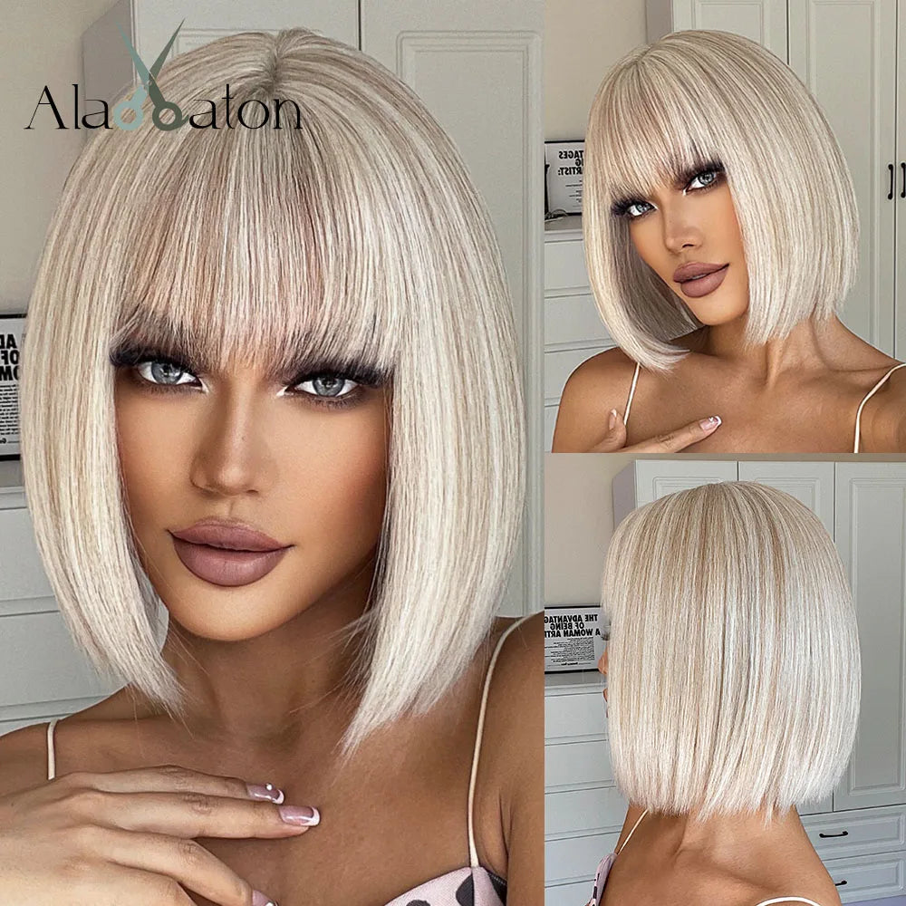 ALAN EATON Layered Synthetic Wig with Bangs Straight Short Highlights Blonde Hair Wigs with for Women Daily Use