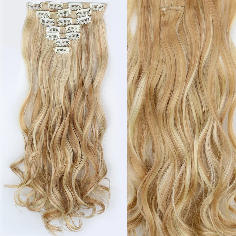 7Pcs/Set 16 Clips Wig Hair Accessories Extension Black Long Straight Natural Hair Wigs Ombre Hairpiece Heat Resistant Fiber For Women Hair Style