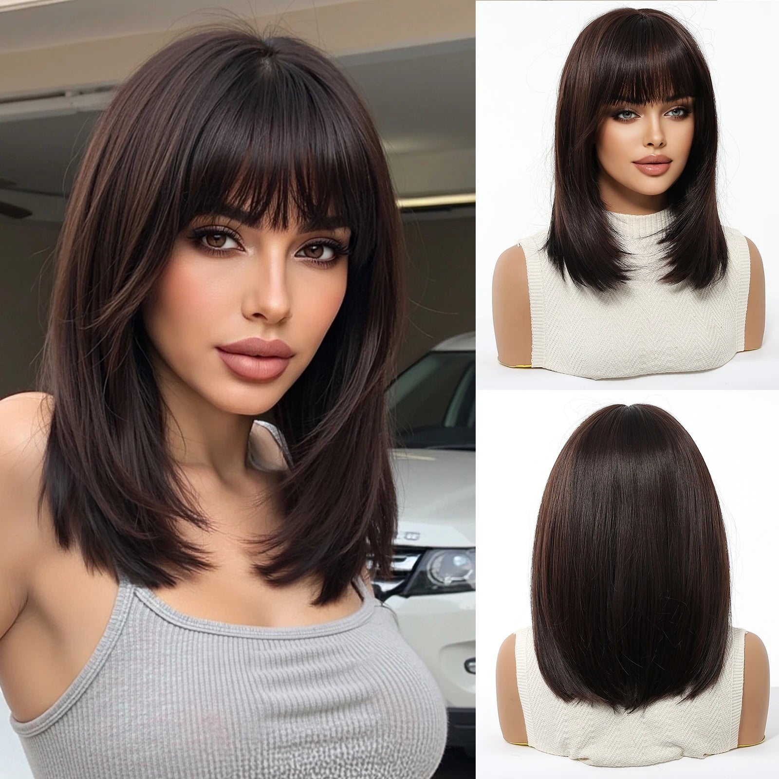 EASIHAIR Short Straight Bob Hair Wigs Synthetic Wig for Women Brown Straight Natural Wigs with Eight Character Daily Cosplay for Women Hair Style