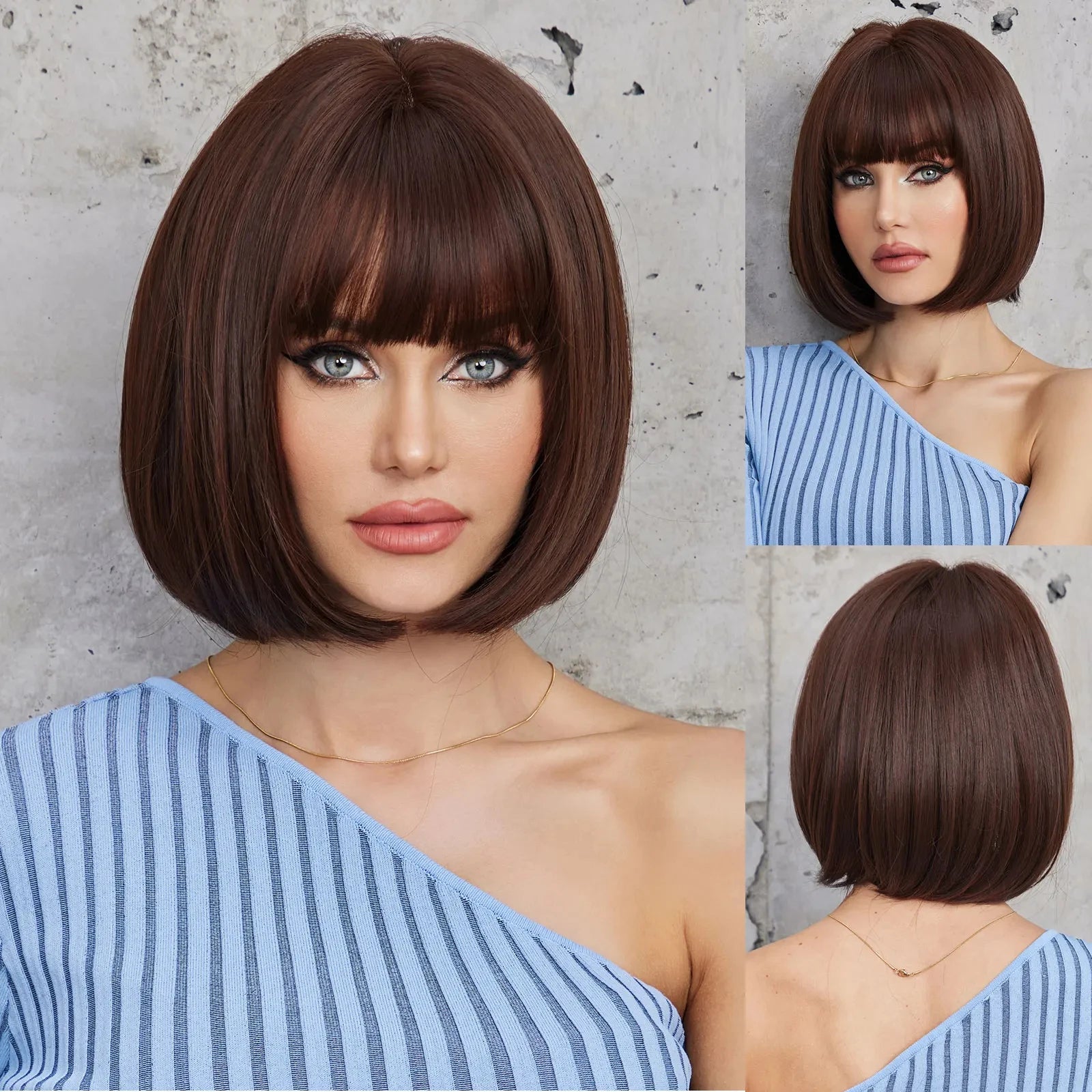 Short straight synthetic wig Ginger Brown Bob wigs with straight bangs Ladies Cosplay daily natural high temperature silk wigs