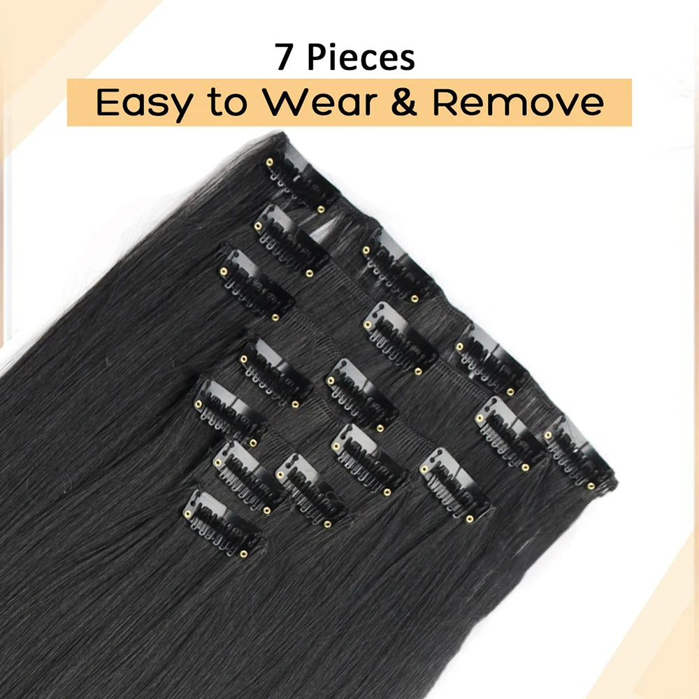 7Pcs/Set 16 Clips Wig Hair Accessories Extension Black Long Straight Natural Hair Wigs Ombre Hairpiece Heat Resistant Fiber For Women Hair Style