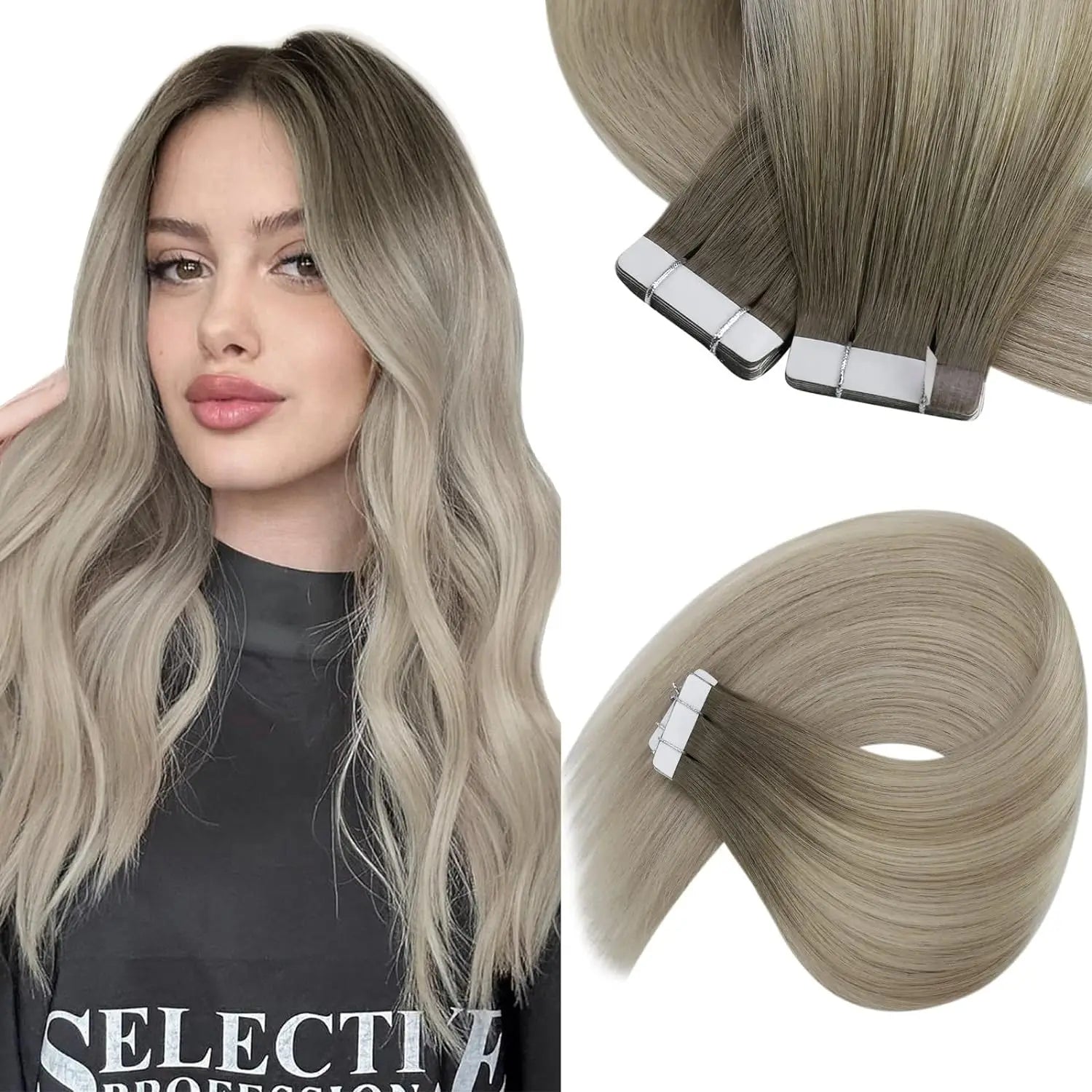 [NEW]VeSunny Tape In Hair Extensions and Accessories Human Hair Wigs Real Natural Hair Balayage Color #4-14-60 Skin Weft Straight Seamless Wig