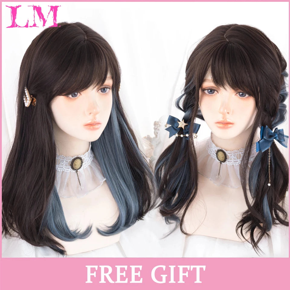 LM Cosplay Wig With Bangs Synthetic Straight Hair Wigs 24 Inch Long Heat-Resistant Pink Hair Style For Women