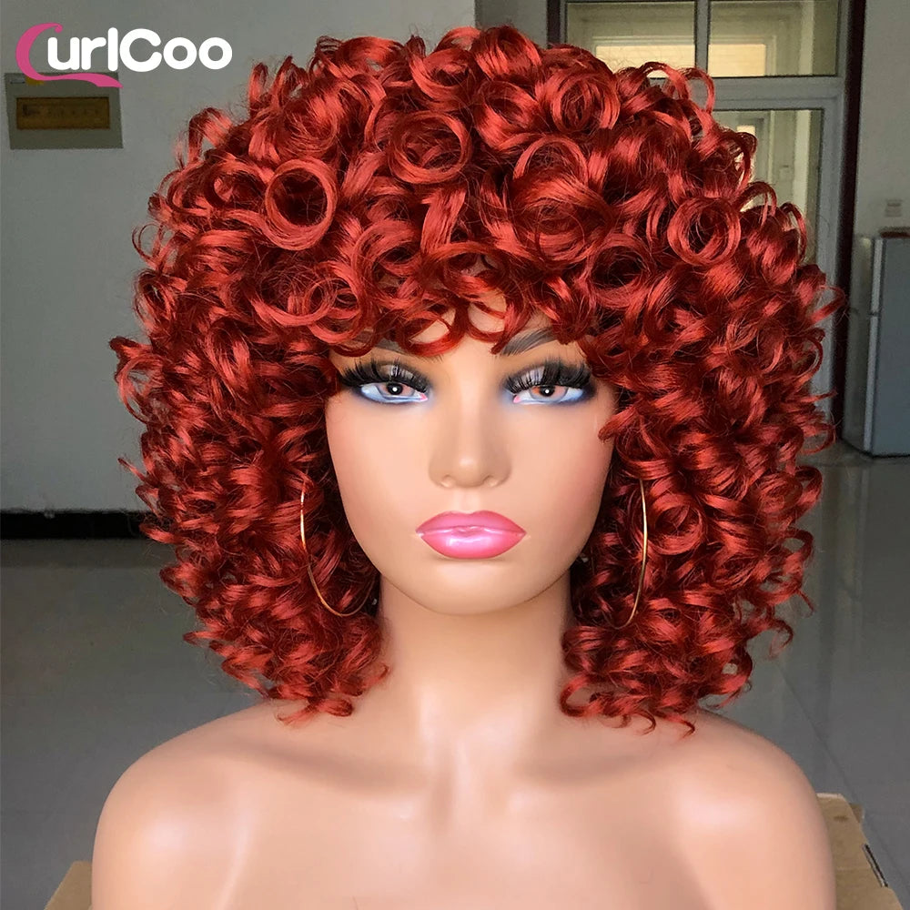 Short Hair Afro Curly Wig Natural Blonde Hair Wigs with Bangs Fluffy Synthetic Ombre Cosplay Lolita Wigs For Black Women