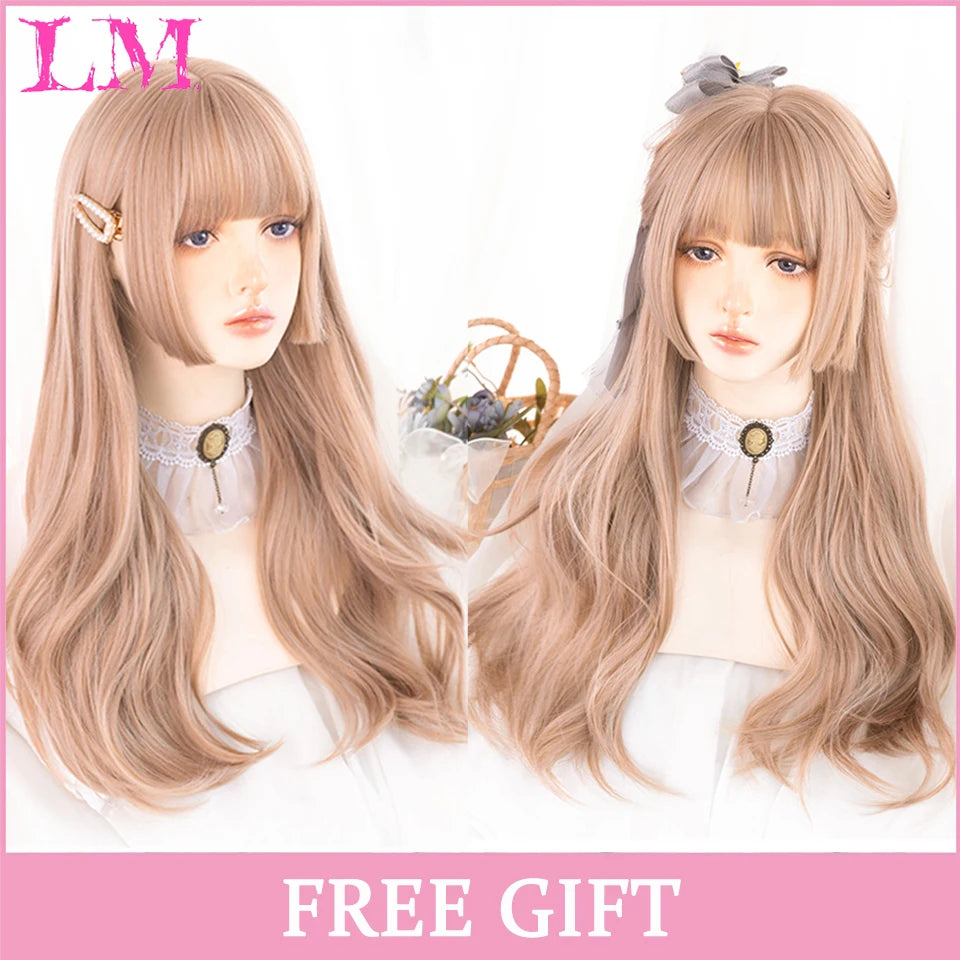 LM Cosplay Wig With Bangs Synthetic Straight Hair Wigs 24 Inch Long Heat-Resistant Pink Hair Style For Women