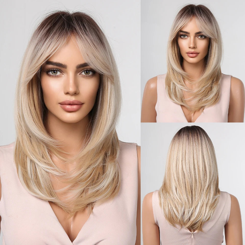 ALAN EATON Long Blonde Wig for Women Synthetic Hair Wigs with Fringe Ombre Color with Dark Roots Layered We Heat Resistant Hair Style