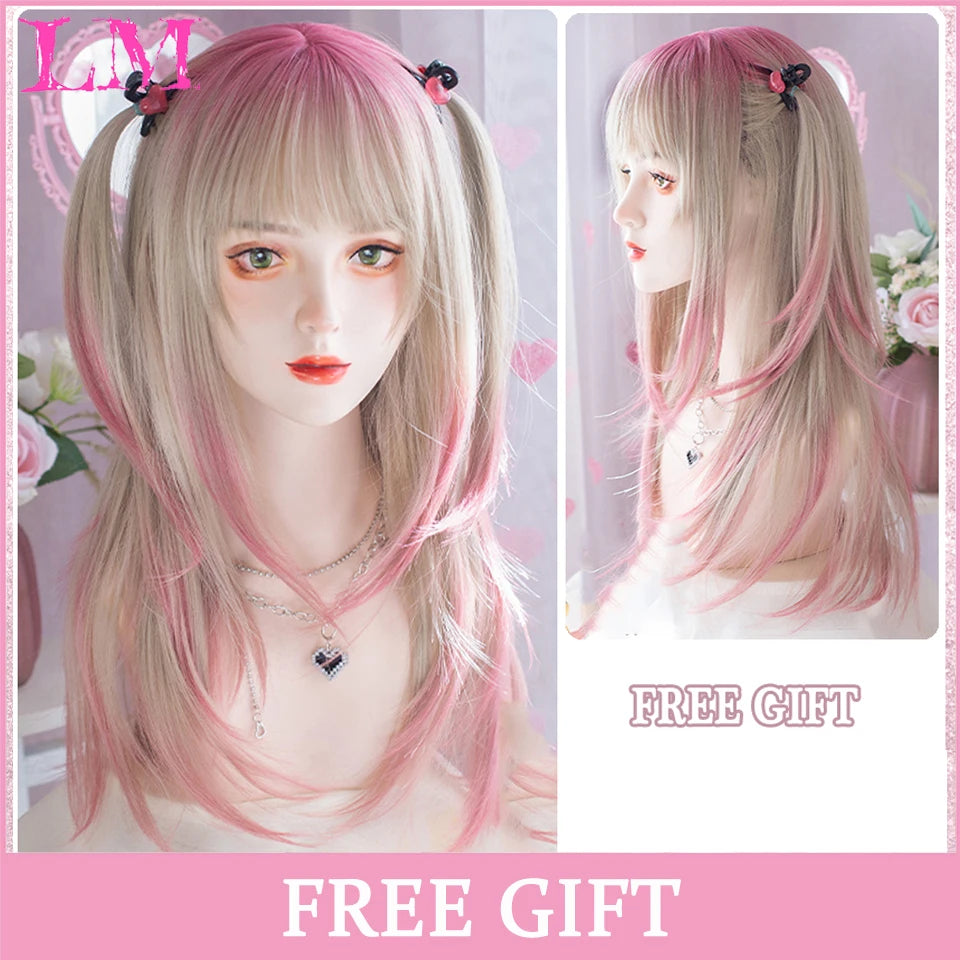 LM Cosplay Wig With Bangs Synthetic Straight Hair Wigs 24 Inch Long Heat-Resistant Pink Hair Style For Women