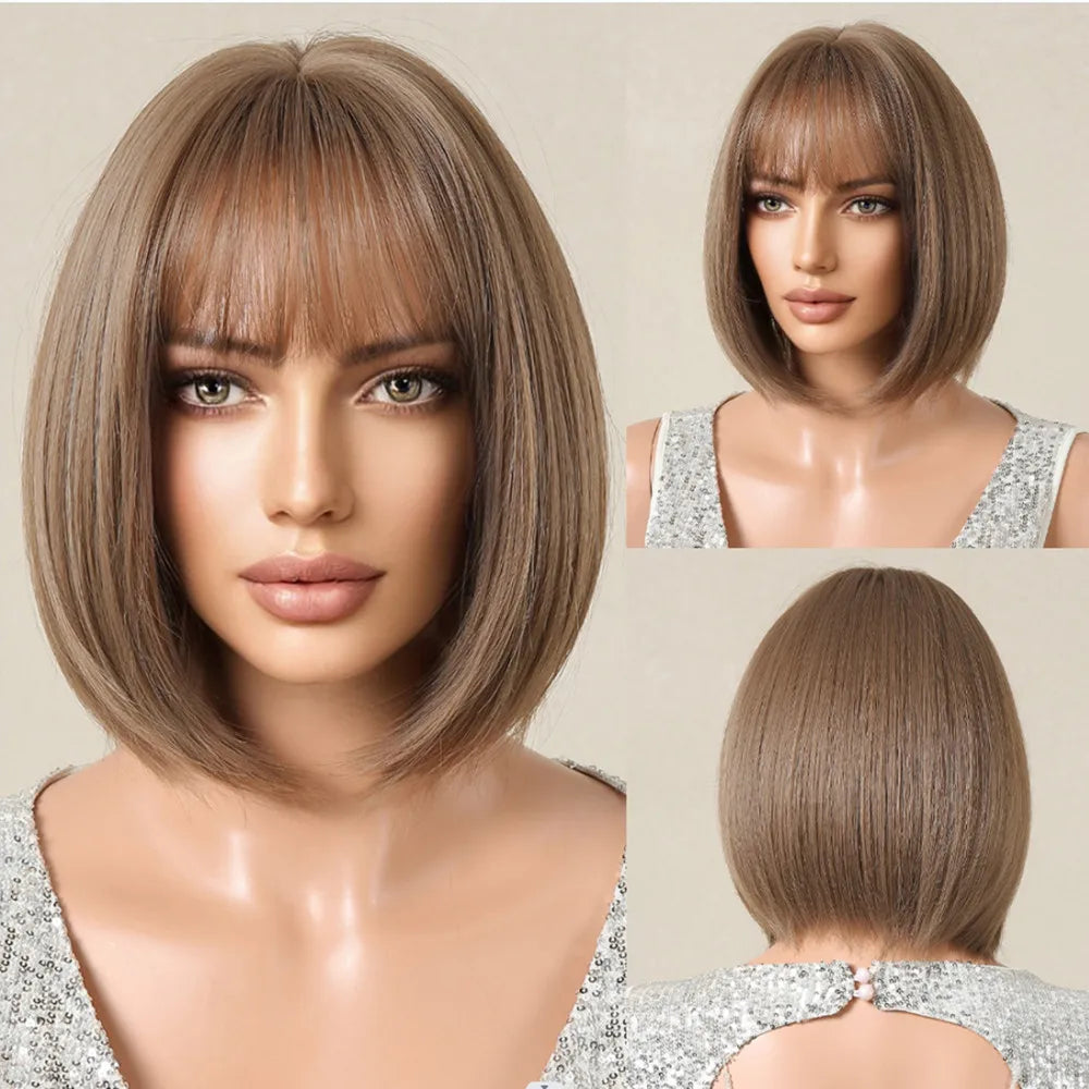 ALAN EATON Layered Synthetic Wig with Bangs Straight Short Highlights Blonde Hair Wigs with for Women Daily Use