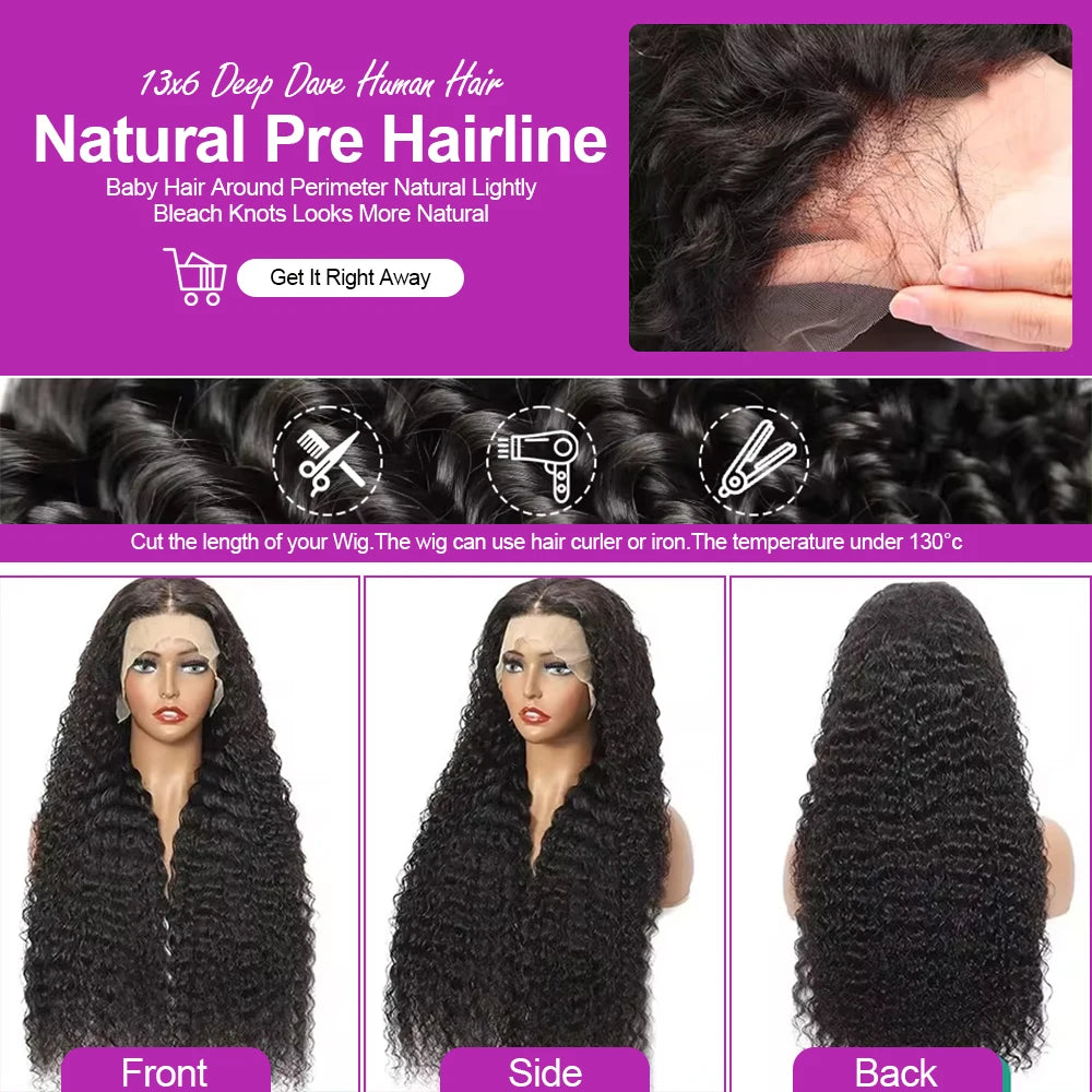 Transparent 250% Density Water Culry 360 Full Lace Frontal Wig Human Hair 40Inch Deep Wave 13x4 13x6 Hd Lace Front Wigs For Women
